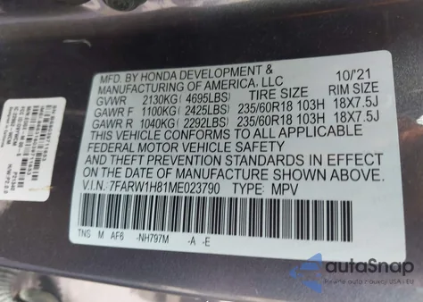 2021 Honda Cr-V 2Wd Ex-L из США, поврежденный, VIN 7FARW1H81ME023790